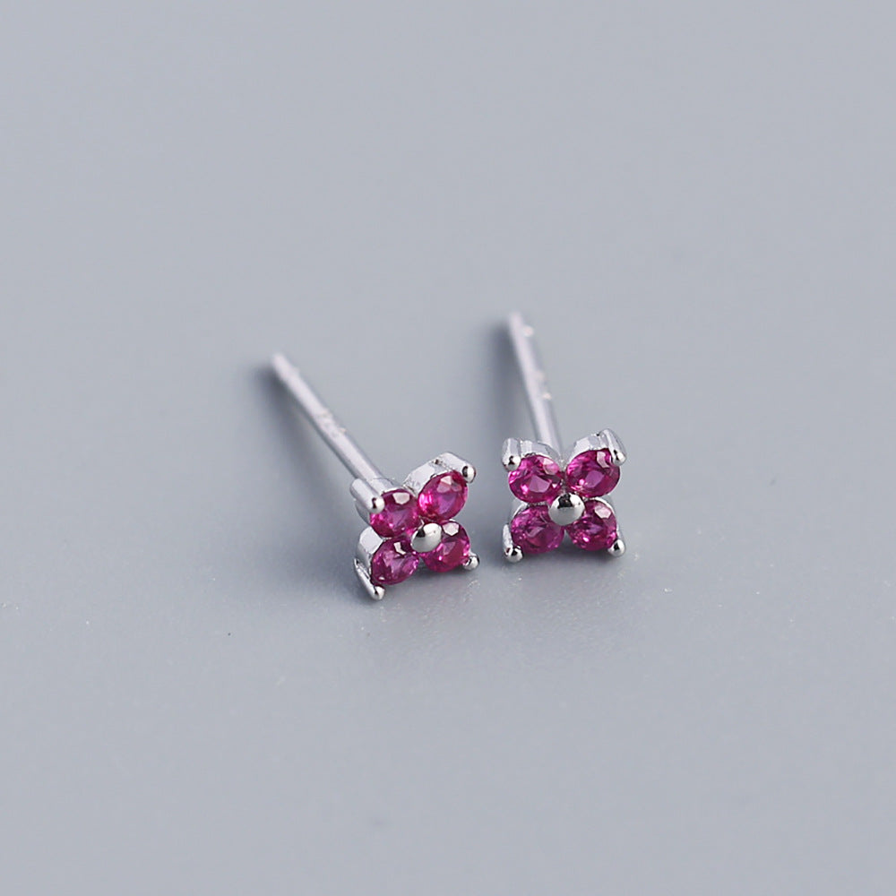 Wholesale Simple Diamond S925 Silver Four-leaf Flower Sweet Small Colorful Flower Earrings